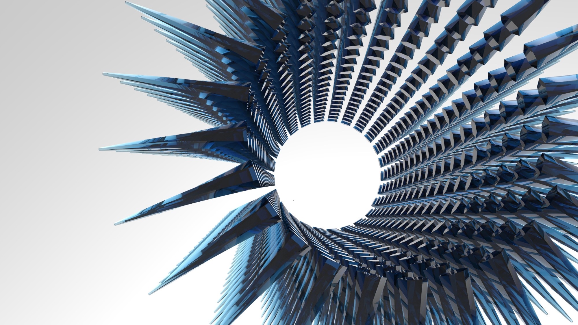 A blue radial turbine sculpture
